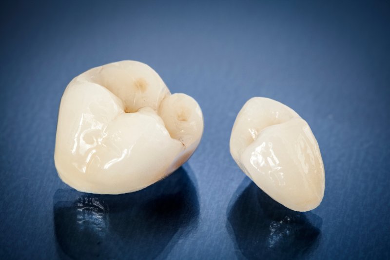A closeup of metal-free ceramic dental crowns
